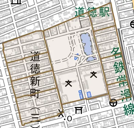 道徳新町とその周辺の地図。町の範囲を重ねている
