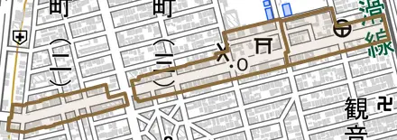 道徳通とその周辺の地図。町の範囲を重ねている
