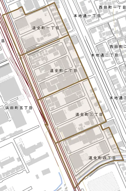 道全町とその周辺の地図。町の範囲を重ねている