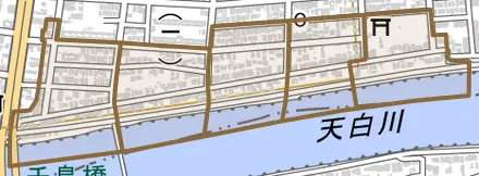 源兵衛町とその周辺の地図。町の範囲を重ねている