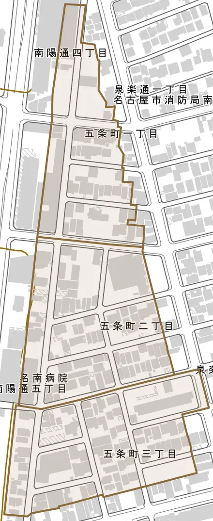 五条町とその周辺の地図。町の範囲を重ねている