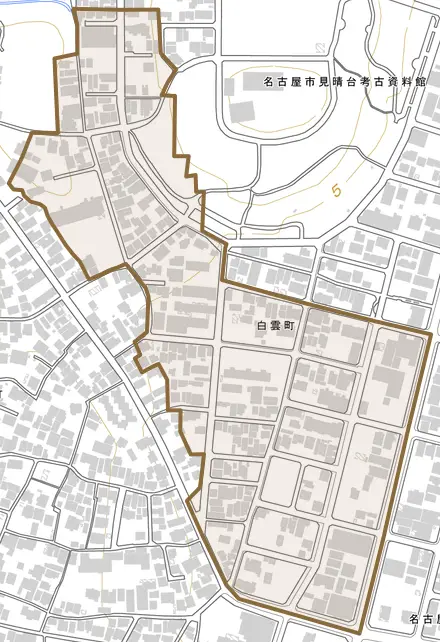 白雲町とその周辺の地図。町の範囲を重ねている