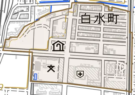 白水町とその周辺の地図。町の範囲を重ねている