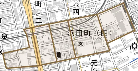 浜田町とその周辺の地図。町の範囲を重ねている
