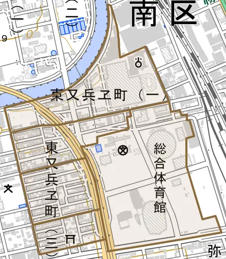 東又兵ヱ町とその周辺の地図。町の範囲を重ねている
