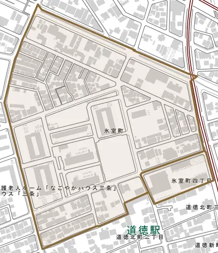 氷室町とその周辺の地図。町の範囲を重ねている