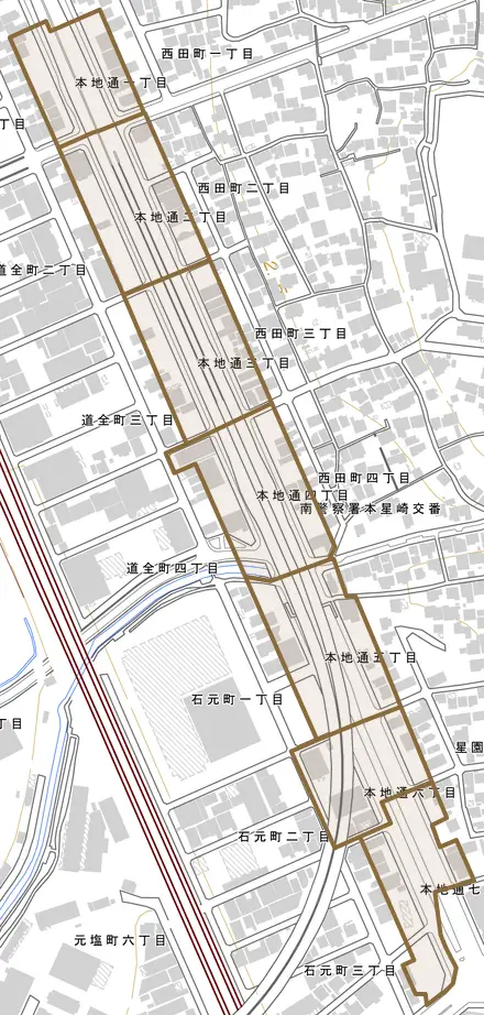 本地通とその周辺の地図。町の範囲を重ねている