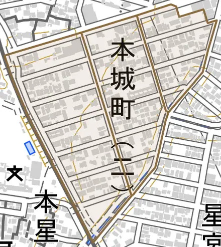 本城町とその周辺の地図。町の範囲を重ねている