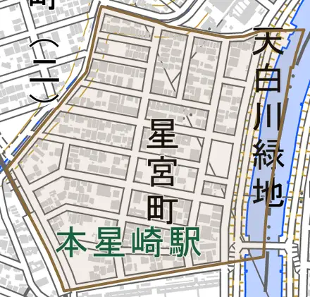 星宮町とその周辺の地図。町の範囲を重ねている
