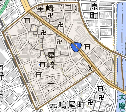 星崎とその周辺の地図。町の範囲を重ねている