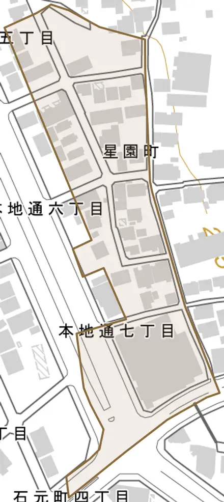 星園町とその周辺の地図。町の範囲を重ねている