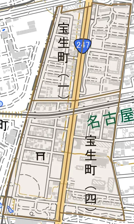 宝生町とその周辺の地図。町の範囲を重ねている