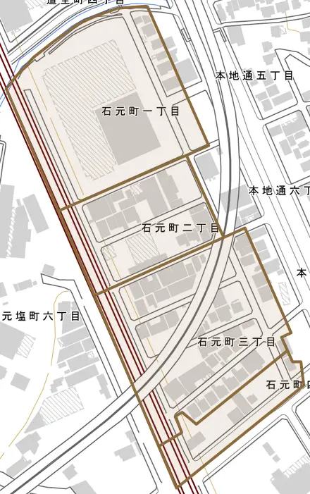 石元町とその周辺の地図。町の範囲を重ねている