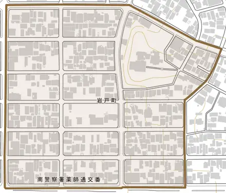 岩戸町とその周辺の地図。町の範囲を重ねている