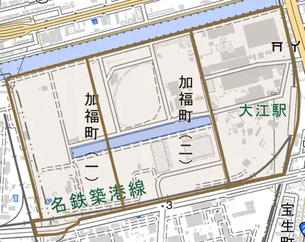 加福町とその周辺の地図。町の範囲を重ねている