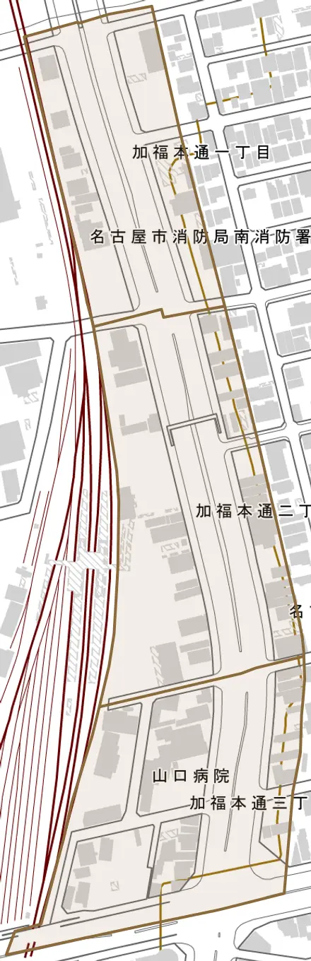 加福本通とその周辺の地図。町の範囲を重ねている