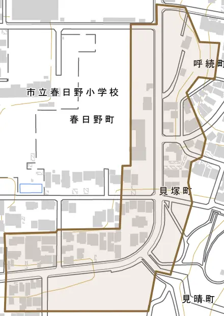 貝塚町とその周辺の地図。町の範囲を重ねている