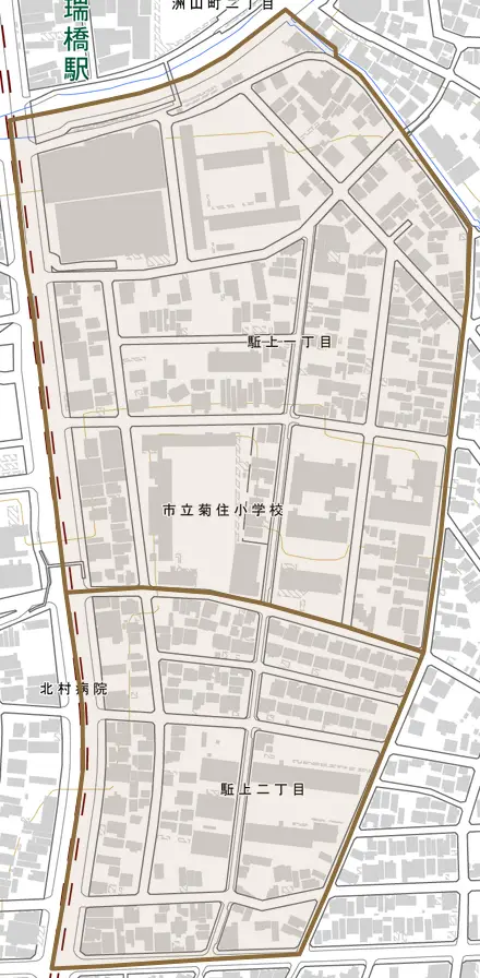 駈上とその周辺の地図。町の範囲を重ねている