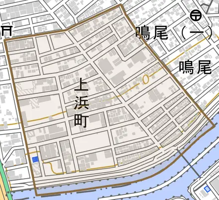 上浜町とその周辺の地図。町の範囲を重ねている