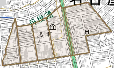 要町とその周辺の地図。町の範囲を重ねている