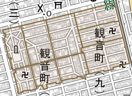 観音町とその周辺の地図。町の範囲を重ねている