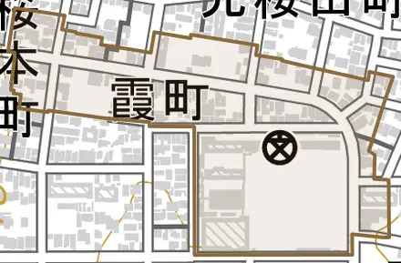 霞町とその周辺の地図。町の範囲を重ねている
