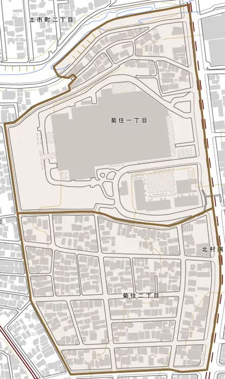 菊住とその周辺の地図。町の範囲を重ねている