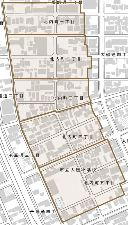 北内町とその周辺の地図。町の範囲を重ねている