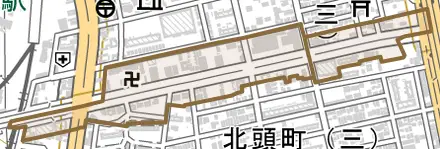 港東通とその周辺の地図。町の範囲を重ねている