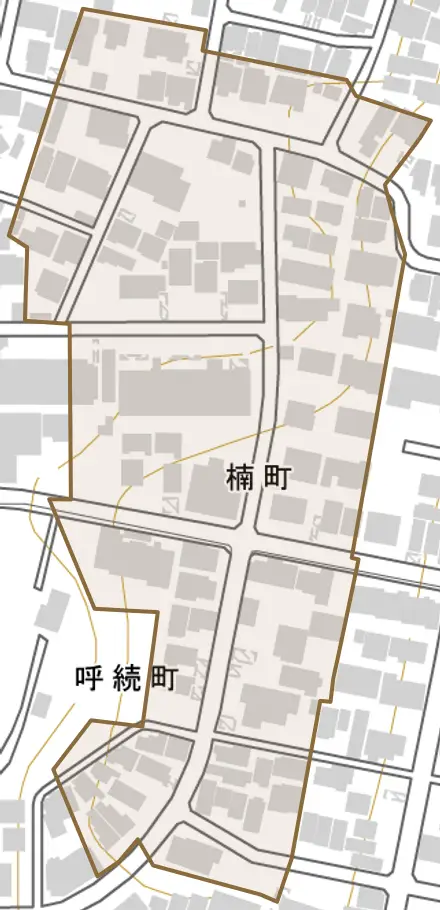 楠町とその周辺の地図。町の範囲を重ねている
