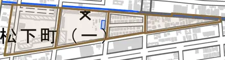 松下町とその周辺の地図。町の範囲を重ねている
