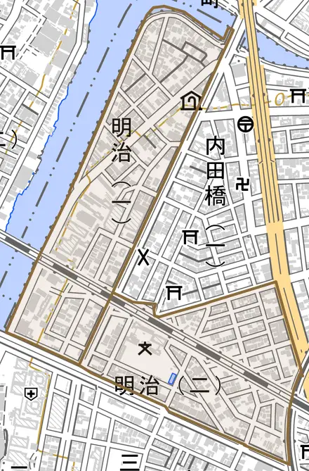 明治とその周辺の地図。町の範囲を重ねている