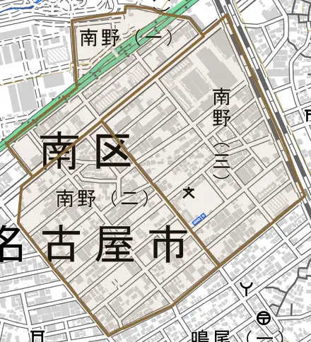 南野とその周辺の地図。町の範囲を重ねている