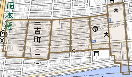 三吉町とその周辺の地図。町の範囲を重ねている