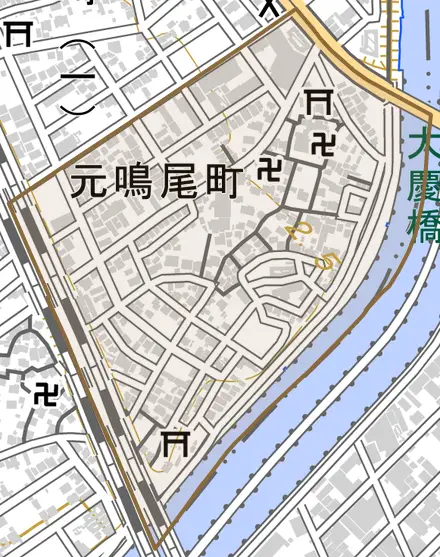 元鳴尾町とその周辺の地図。町の範囲を重ねている