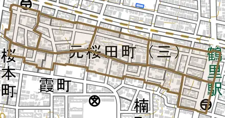 元桜田町とその周辺の地図。町の範囲を重ねている