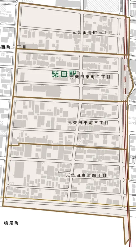 元柴田東町とその周辺の地図。町の範囲を重ねている