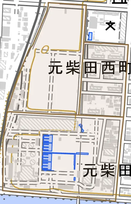 元柴田西町とその周辺の地図。町の範囲を重ねている