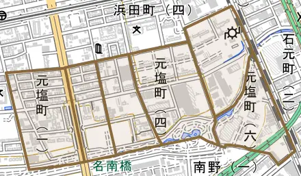 元塩町とその周辺の地図。町の範囲を重ねている