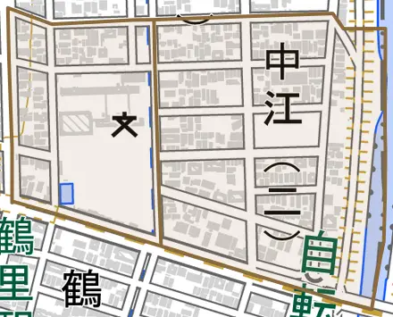中江とその周辺の地図。町の範囲を重ねている