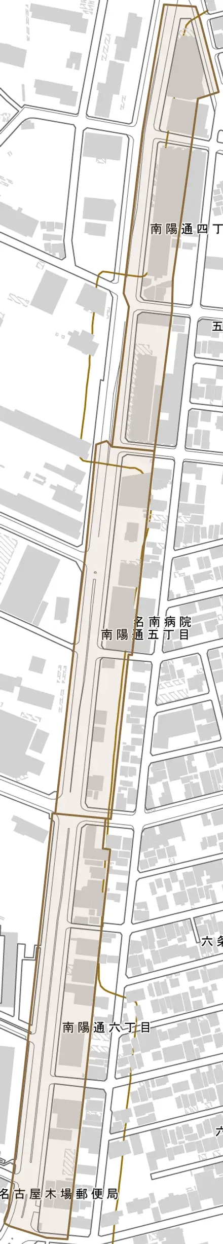 南陽通とその周辺の地図。町の範囲を重ねている