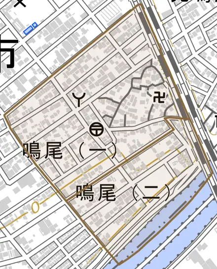 鳴尾とその周辺の地図。町の範囲を重ねている