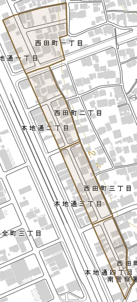 西田町とその周辺の地図。町の範囲を重ねている
