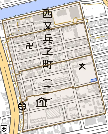 西又兵ヱ町とその周辺の地図。町の範囲を重ねている