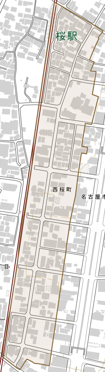 西桜町とその周辺の地図。町の範囲を重ねている