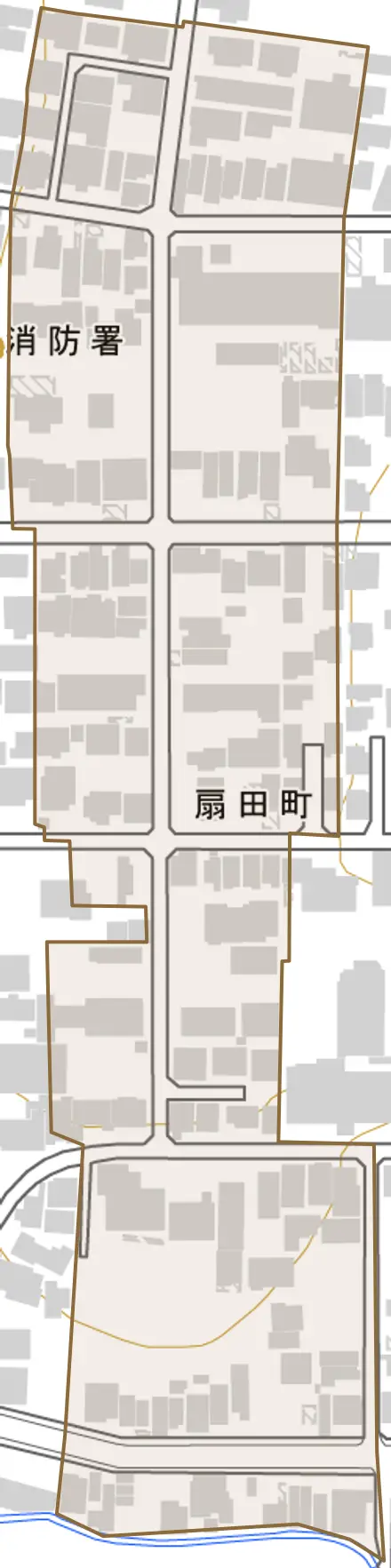 扇田町とその周辺の地図。町の範囲を重ねている