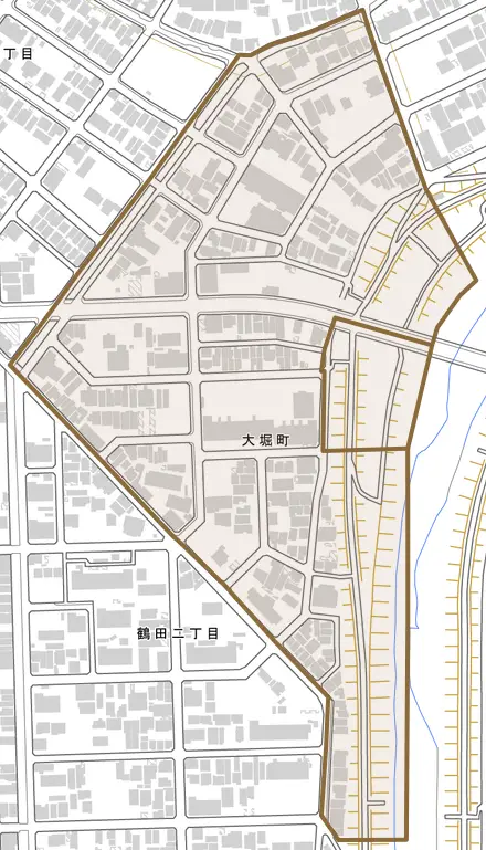 大堀町とその周辺の地図。町の範囲を重ねている