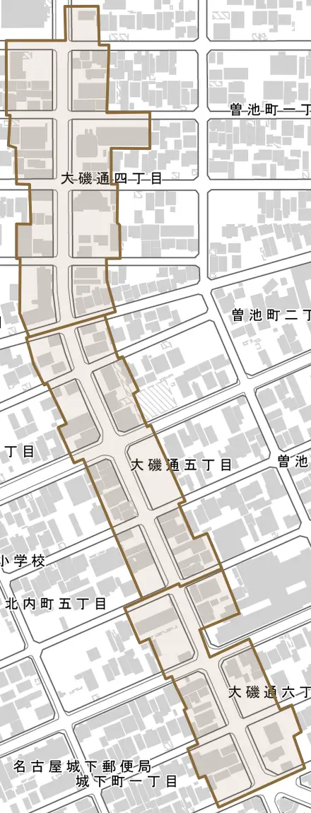 大磯通とその周辺の地図。町の範囲を重ねている