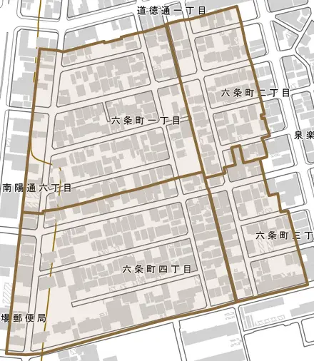 六条町とその周辺の地図。町の範囲を重ねている