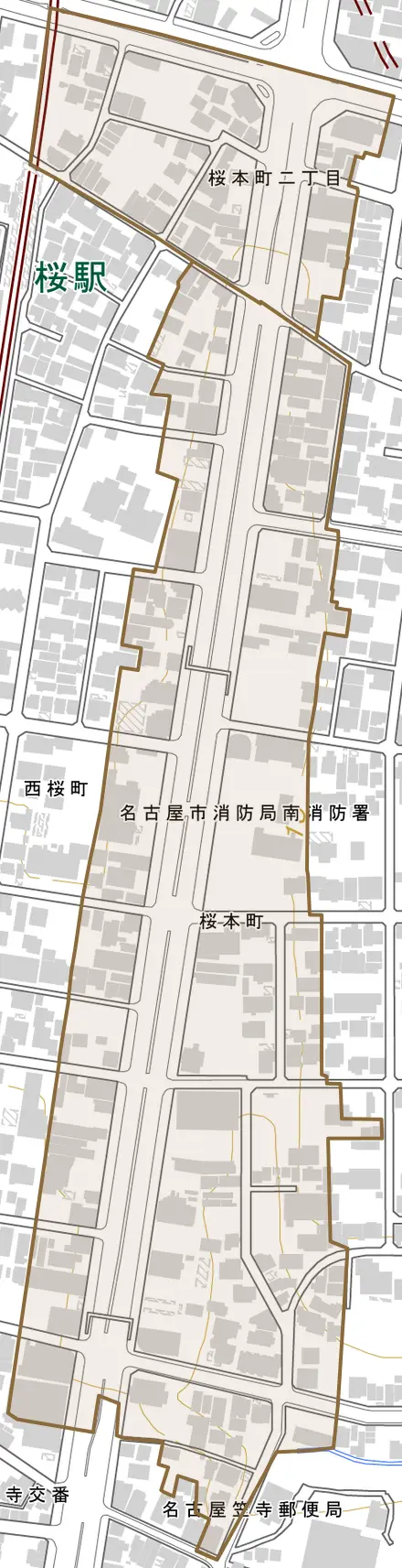 桜本町とその周辺の地図。町の範囲を重ねている
